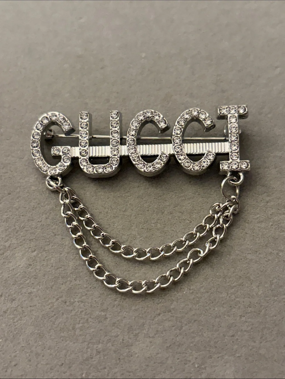 Silver Crystal Logo Brooch with Chain